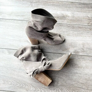 Nine West Gray Suede Leather Open Toe Self Tie Booties